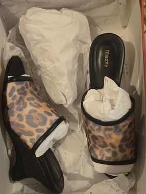 Maeve Leopard-Print Slide Wedges in Black and Tan